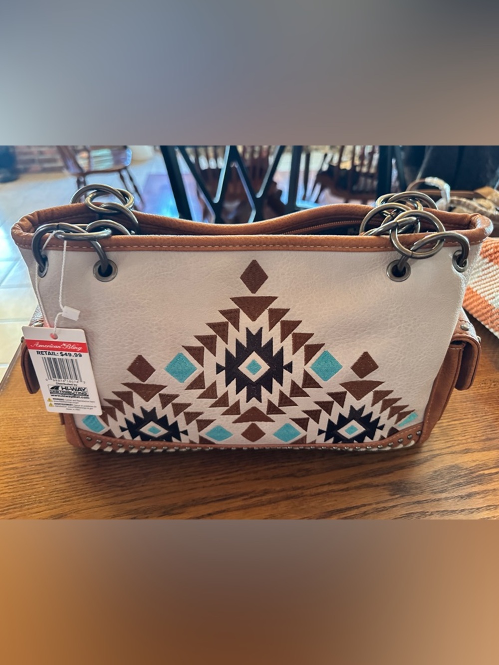 NWT Aztec Embroidered Tote Bag in Cream, Brown & Teal